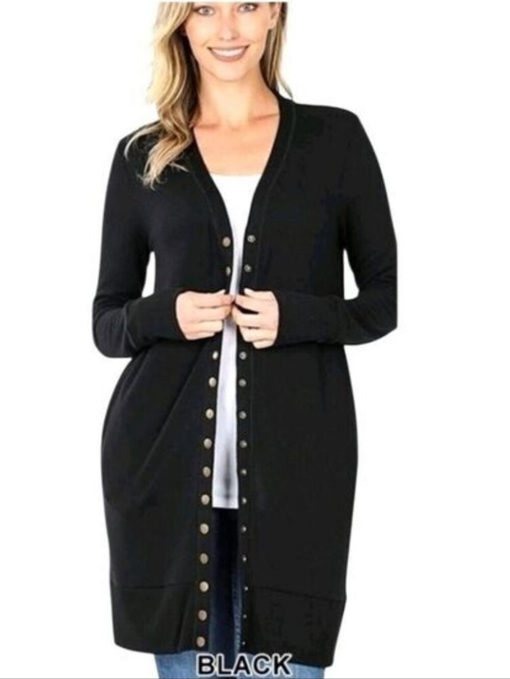 ZENANA Black Duster Length Snap Button Cardigan Sweater Size Small NWT